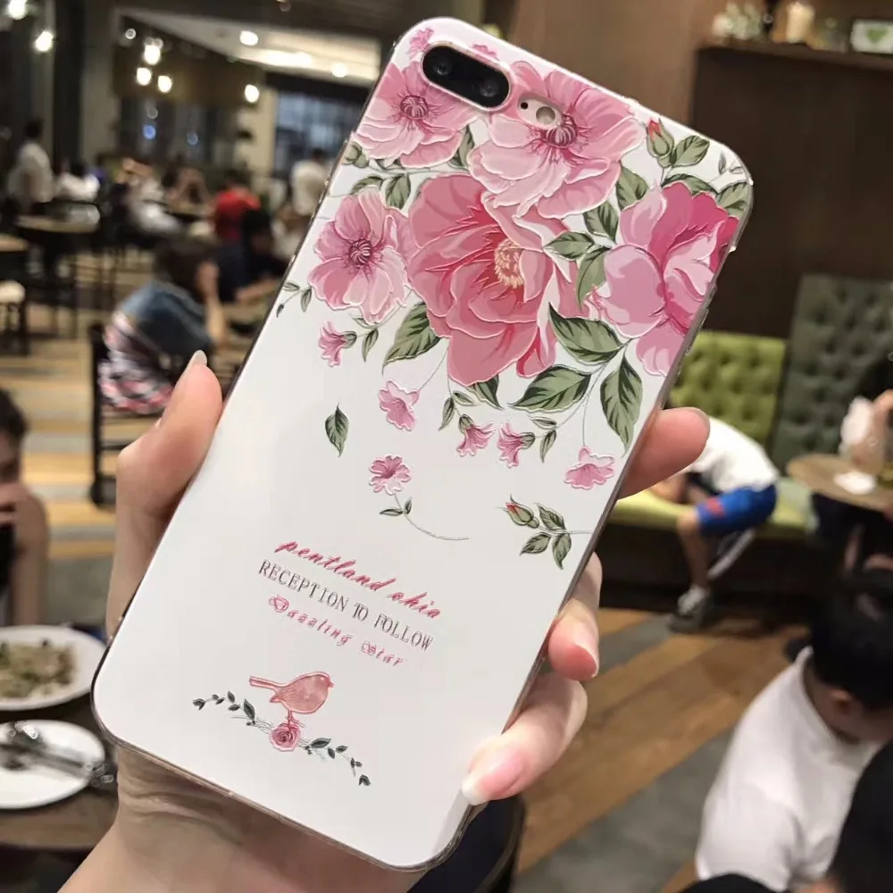 Free shipping fashion Pink FLOWER bird Luxurious Relief Phone Back Cover Casefor iPhone 6 Case For Apple iphone 6S 7 Plus 6SPlus |