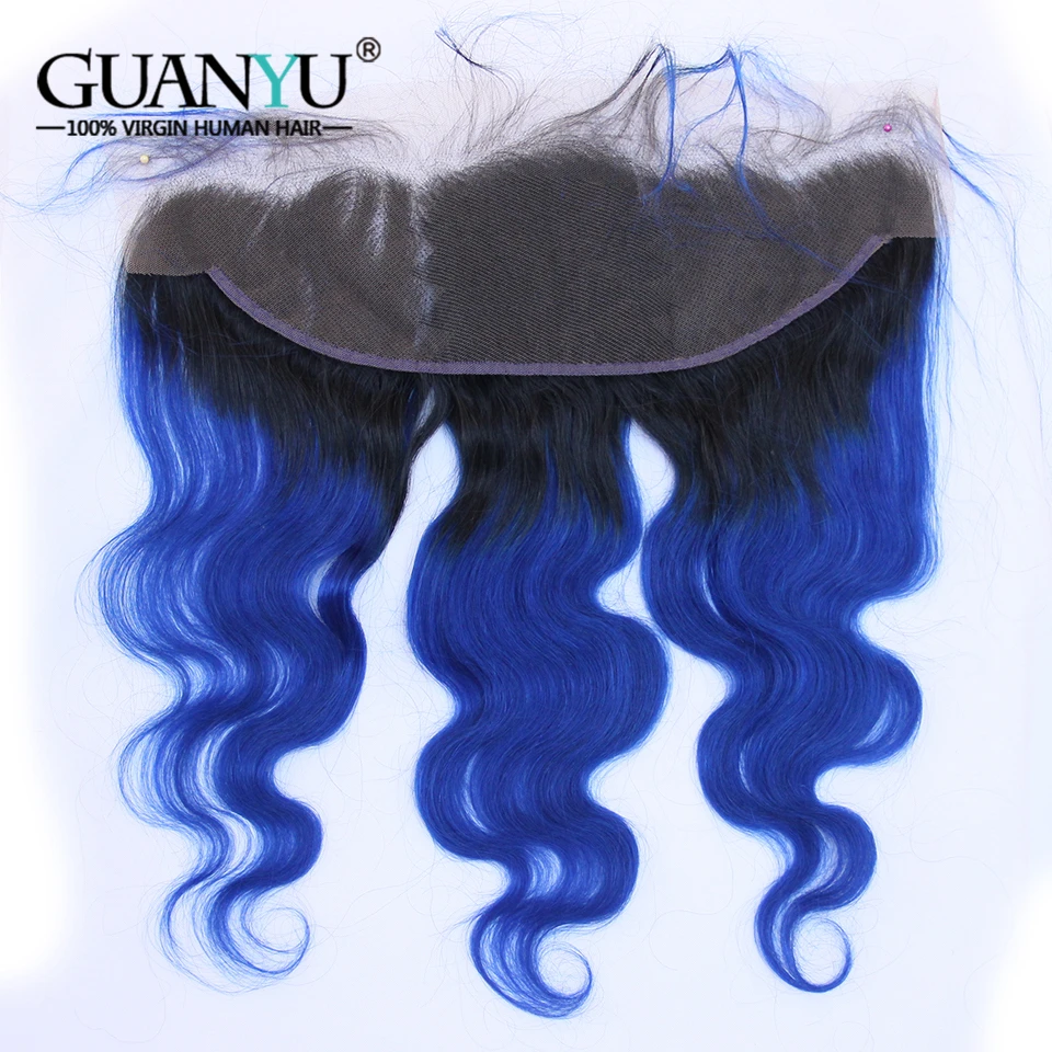 Guanyuhair 1B/синий Омбре 3 пучка с фронтальным шнурком синтетическое Закрытие 13X4 перуанские волнистые человеческие волосы Remy с темными корнями