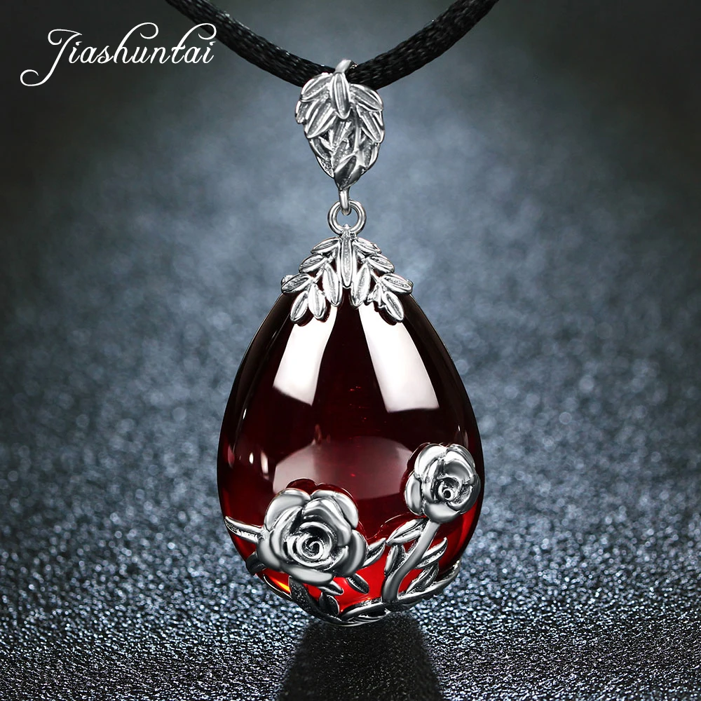 

JIASHUNTAI Retro 100% 925 Silver Sterling Red Garnet Gemstone Rose Pendant Necklace Jewelry For Women Vintage