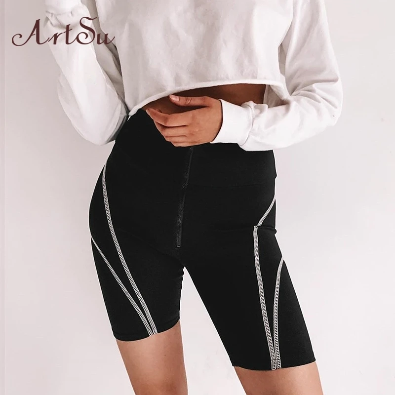 ArtSu Black Biker Shorts Women Stretch Push Up High Waist Shorts Ladies Active Wear Short Hotpants Fitness Summer ASSH20082