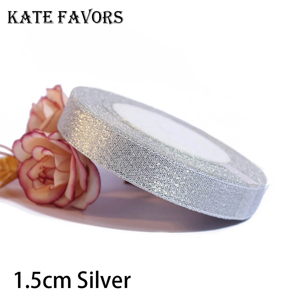 1.5cm Silver 25 ярдов Серебристые золотистые блестящие атласные ленты вечерние украшения для дома и свадьбы Подарочная упаковка Рождество год DIY ремесло материал - Цвет: 1.5cm Silver
