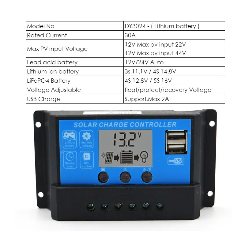 30A 12 24V 60/50/40/30/20/10A ЖК-дисплей дисплей регулятором солнечного заряда r сил AGM гель железа литий-ионный аккумулятор PWM регулятором солнечного заряда контроллер USB 5V - Цвет: 30A 12 24V
