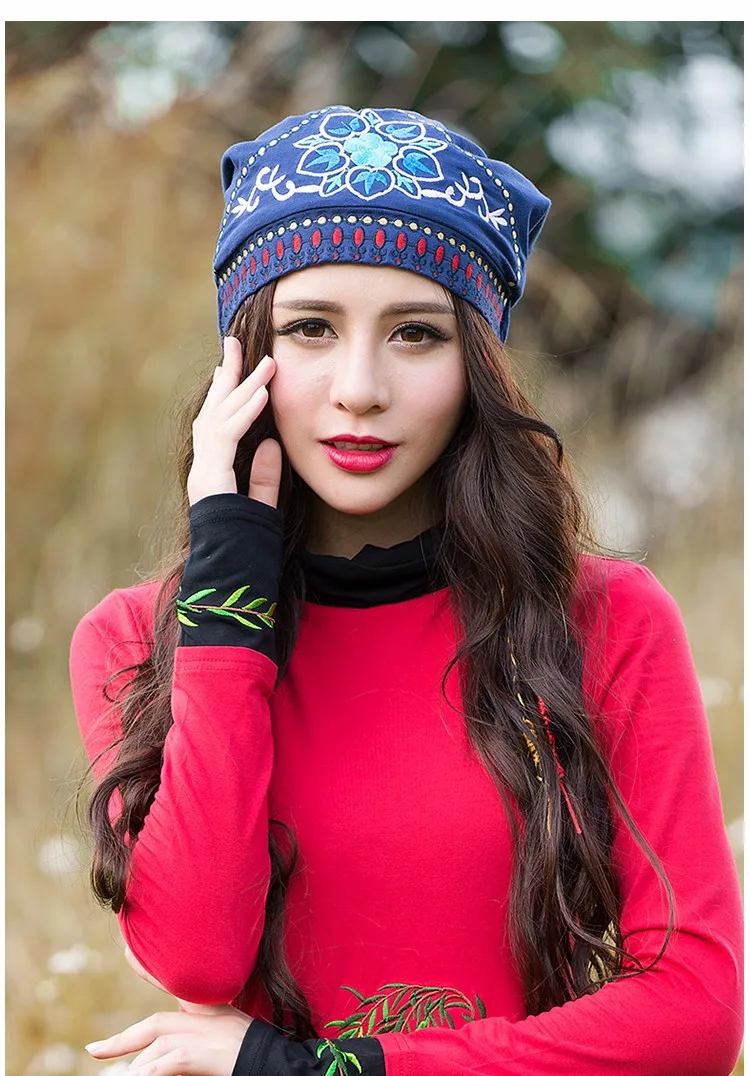 Этнические шапочки Skullies Женская осенне-Весенняя Мексиканская стильная хиппи черная синяя красная Цветочная шапка с вышивкой шапочки