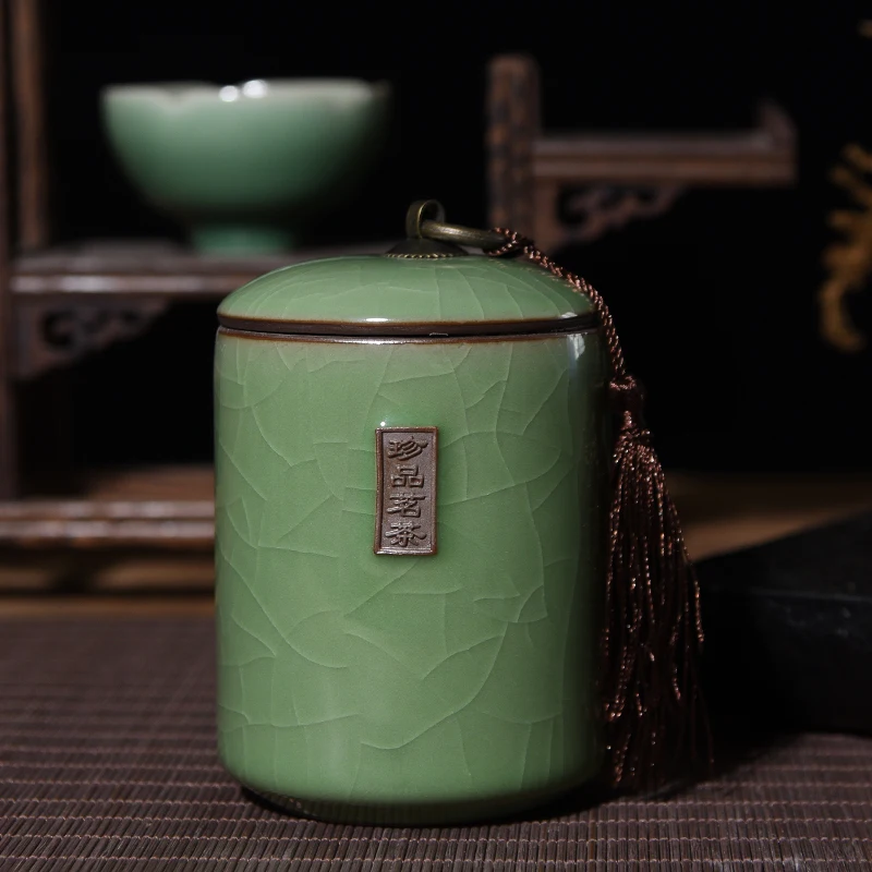 2 Qi Jun Long Quan Celadon герметичный керамический контейнер для хранения Пуэр Черный Чай Канистра медное кольцо Tieguanyin чай канистра - Цвет: 2