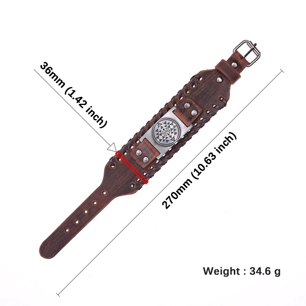 Teamer Antique Silver Copper Bronze Metal Bracelets Black Brown Wide Leather Bracelet Vintage Triangle In Round Charm | Украшения и