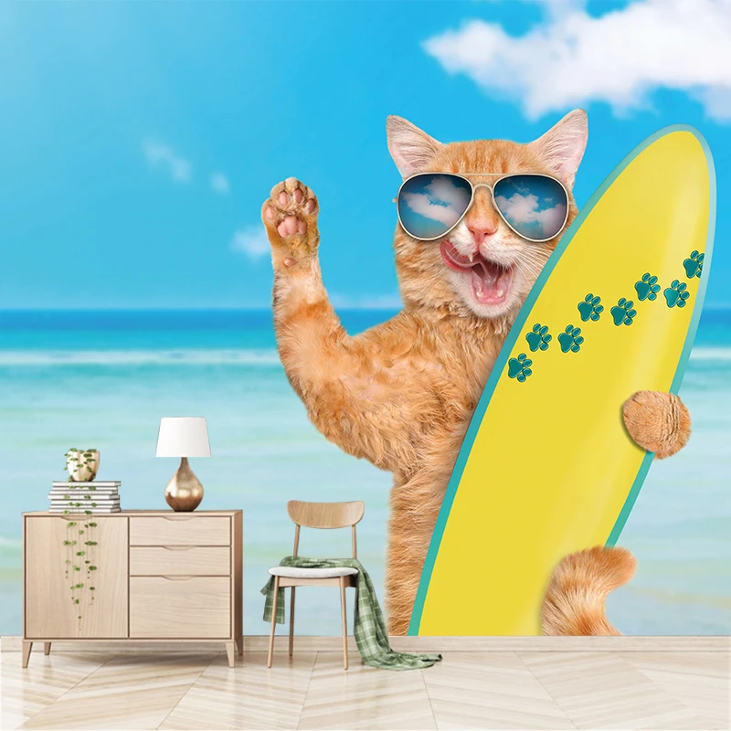 

Creative 3d Effect Cool Cat Beach Wall TV Sofa background wallpaper living room bedroom hotel mural gallery Home decoration