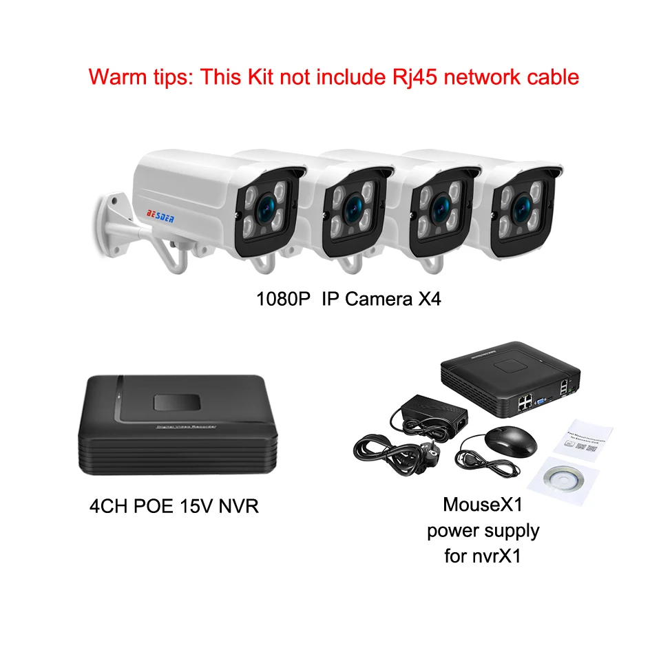 4 Camera No Cables Besder аудио 1080P CCTV система безопасности 1080P Внутренняя/внешняя ip-камера 4CH POE15V NVR CCTV комплект P2P 1080P HDMI/VGA выход XMEye - Цвет: 4 Camera No Cables