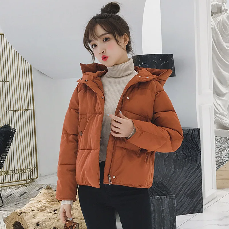 New hooded women winter jacket short sustans padded womens coat autumn casaco feminino inverno solid color parka stand collar