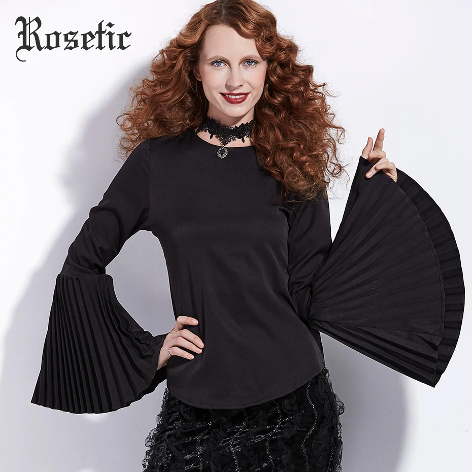Rosetic, Готическая блузка, осенняя, черная, с расклешенными рукавами, с круглым вырезом, прямая, в готическом стиле, модные женские рубашки, тонкие, уличные топы, темная готика, блузки