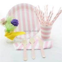 printed striped baby pink party tableware setpersonalized dinner party wooden cutlery setpaper strawsnapkinsplatescups
