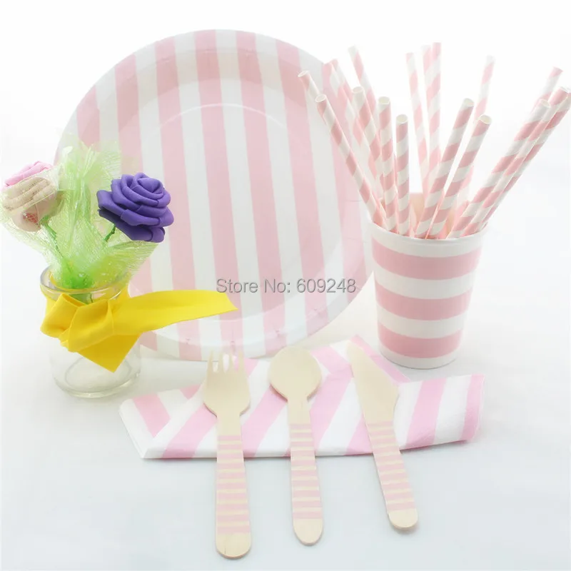 Набор Розовой посуды с принтом в полоску для детской вечеринки индивидуальные