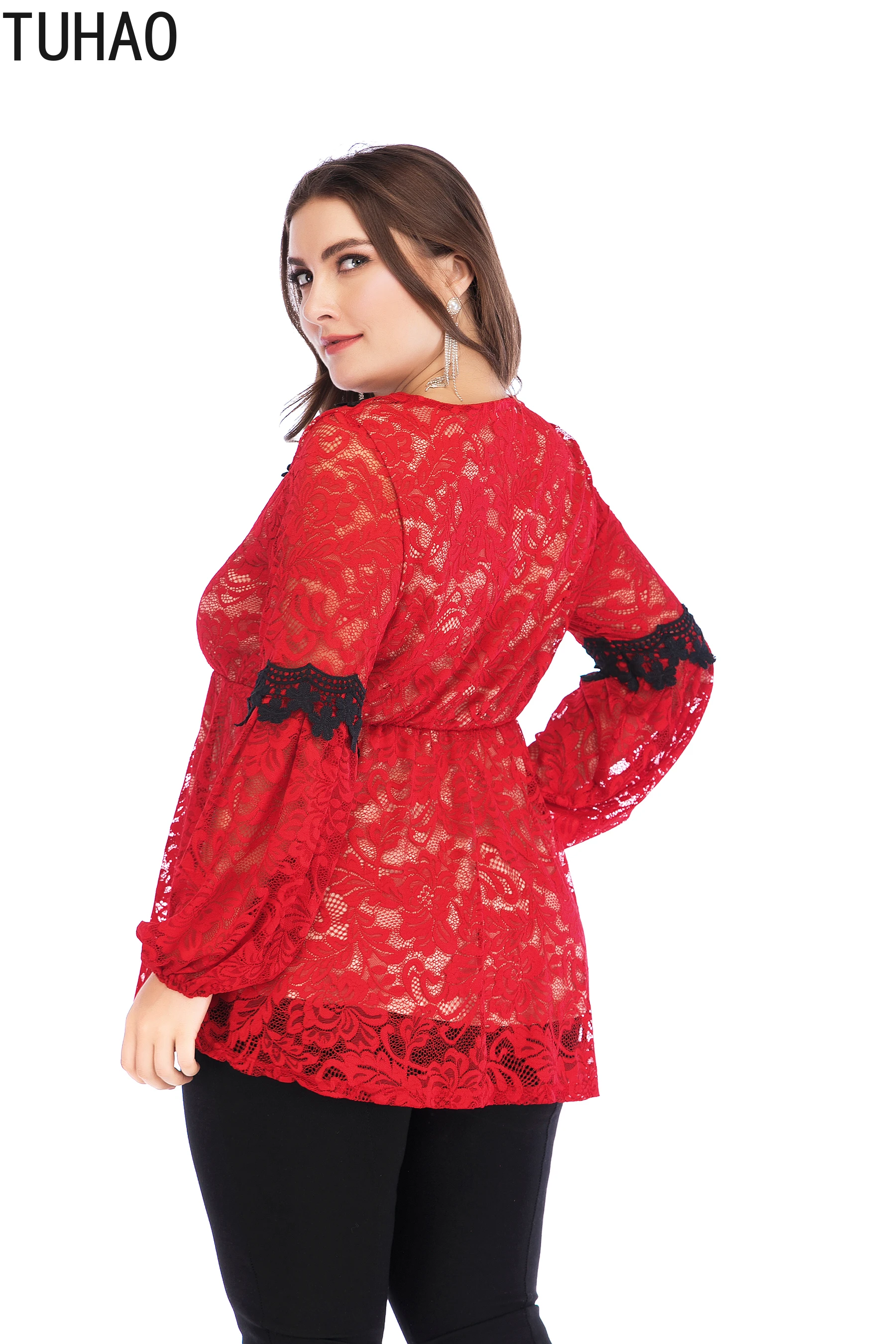 TUHAO Lantern Sleeve Red Lace Women Blouse Plus Size WOMENS Office Lady Elegant Female Large Sexy Party Shirts Tops | Женская одежда