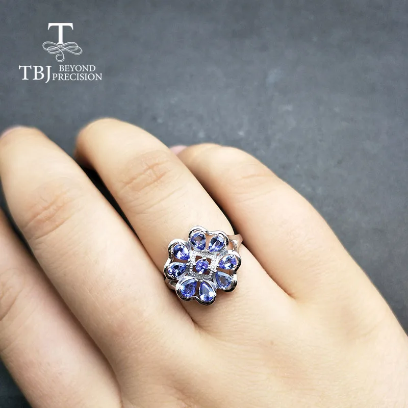 TBJ, цветок настоящий Синий танзанит драгоценный камень кольцо из стерлингового серебра 925 пробы ювелирные украшения для женщин жена мать подарок на день