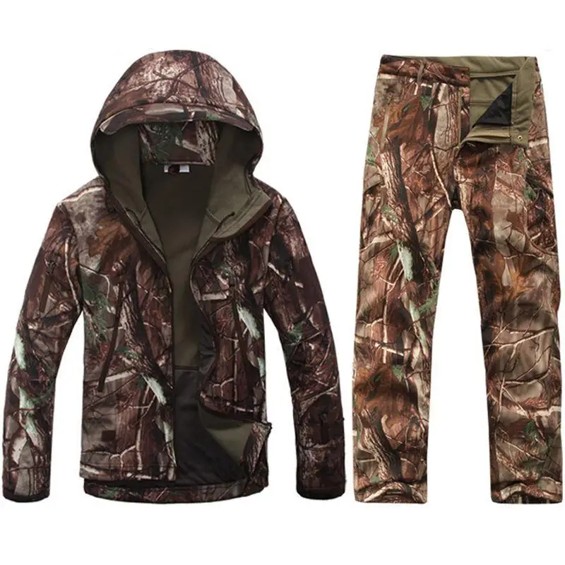 Tactical Sniper Camouflage Hunting Clothes Suit Outdoors Camping Hiking Waterproof Windbreaker Softshell Fleece Jacket + Pants