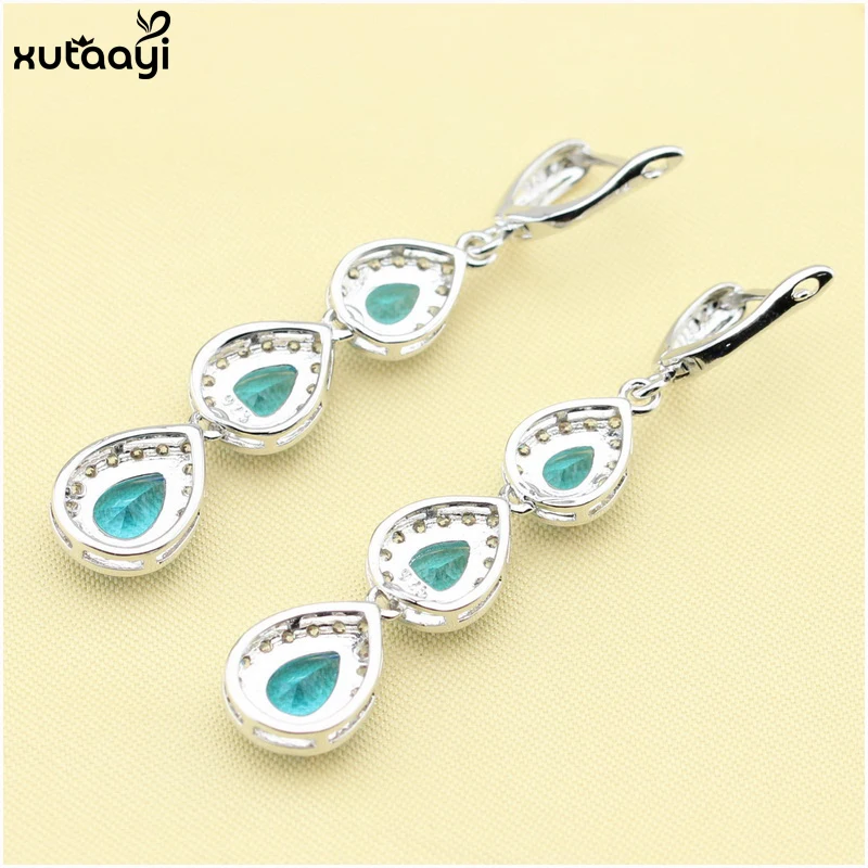 XUTAAYI Silver colorDrop Jewelry Sets For women Blue Cubic Zirconia White CZ Fancy Wedding Necklace/Rings/Earrings Set | Украшения и