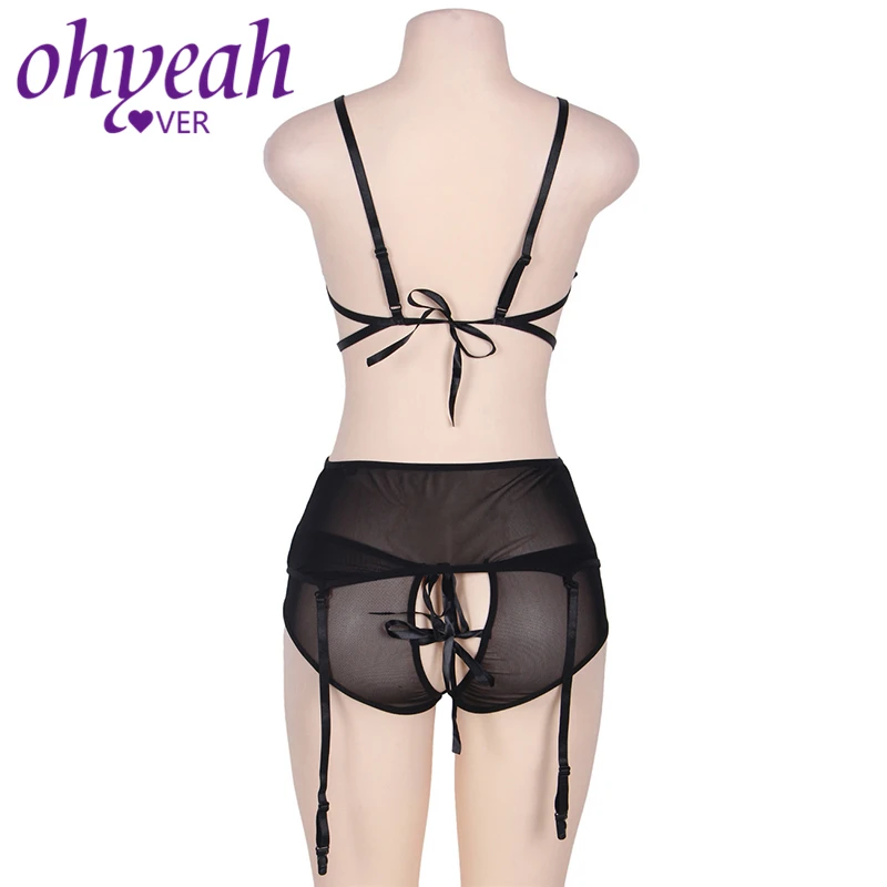 Ohyeahlover нижнее белье женский бюстгальтер интимный бюстгальтер набор нижнего белья сексуальный RM80421 Dessous открытая промежность Черное кружево 3 шт Открытый бюст бюстгальтер набор