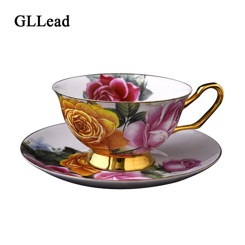 GLLead Fashion Rose Flower Ceramic Coffee Cup European Style Bone China Tea Cups Saucers Set Creative Gift Porcelain | Дом и сад