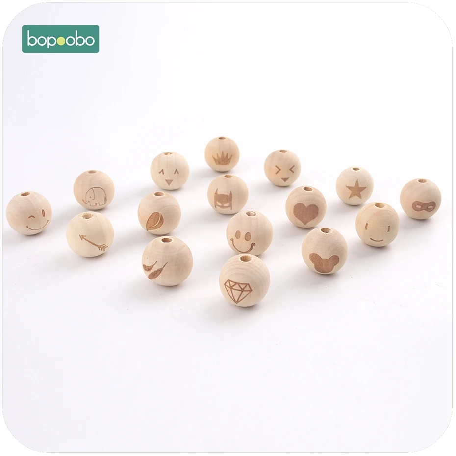 Bopoobo 10pc Wooden Toy Printing Beads DIY Accessory For Necklace Decorative Fitting Teething Accessory Baby Teether 20mm