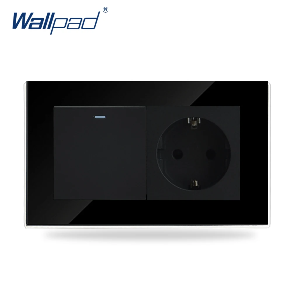 

Switch and Socket Wallpad Luxury Black Crystal Glass 146*86mm 1 Gang 1 way Push Button Rocker Switch + EU Wall Socket