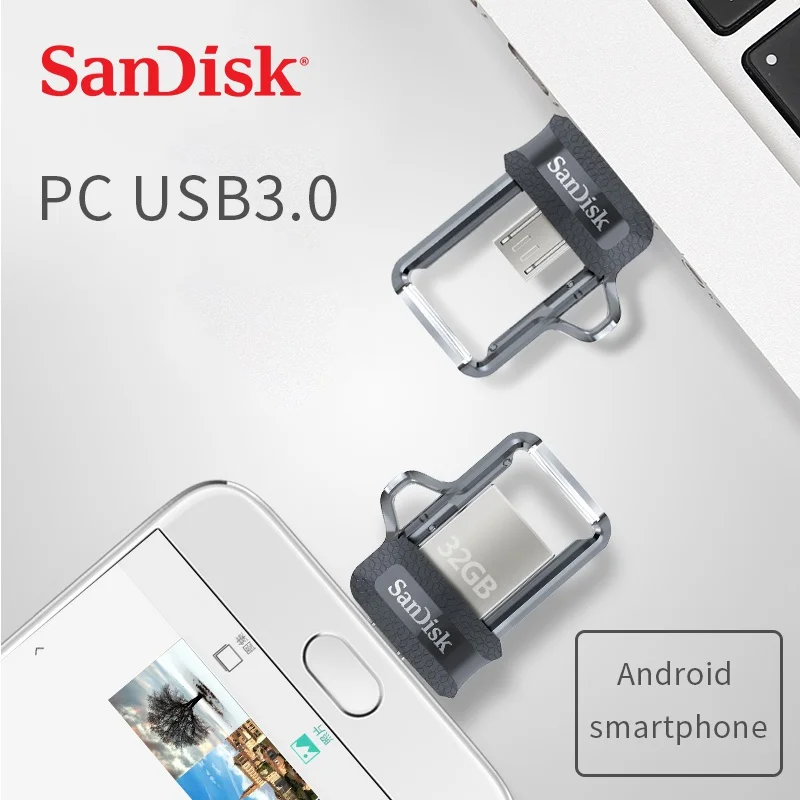 SanDisk USB 3,0 OTG 2 в 1 двойной мини-накопитель 16 ГБ 32 ГБ 64 Гб 128 ГБ USB флеш-накопитель высокоскоростной usb накопитель для ПК/Android