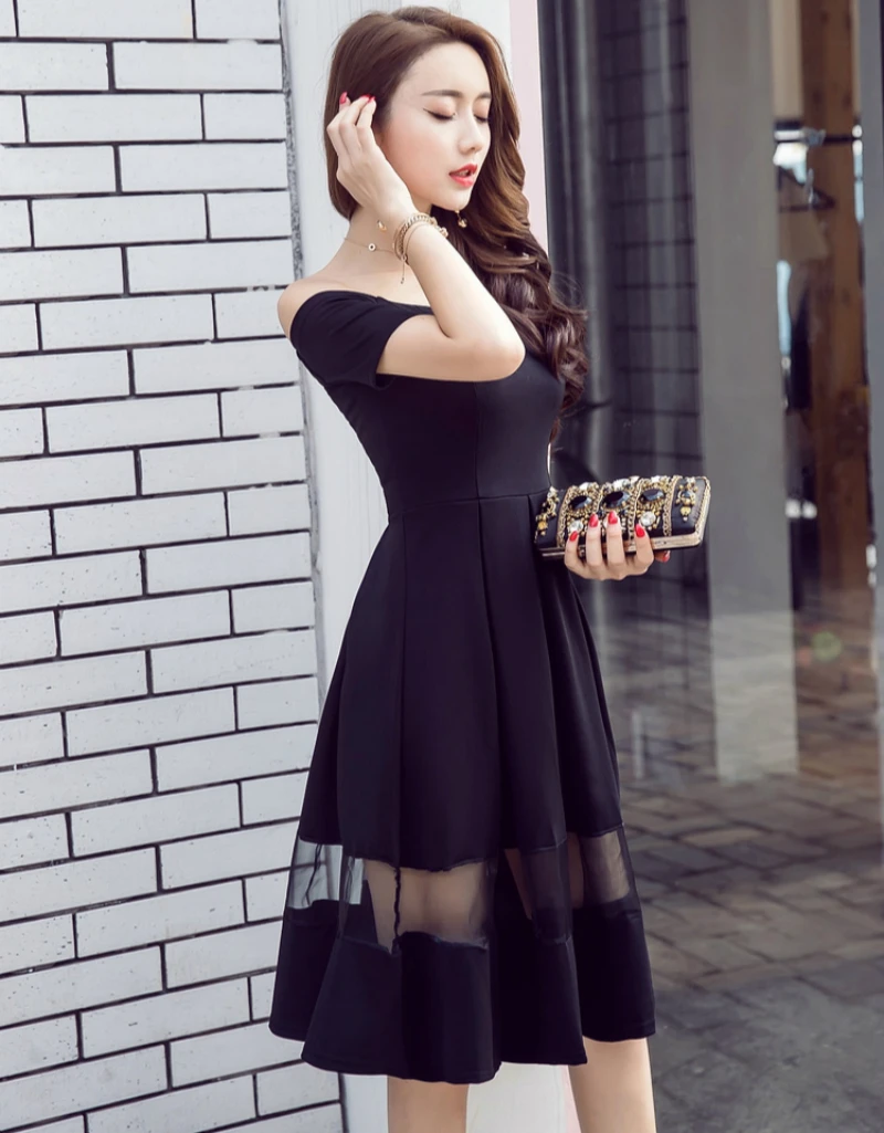 

Plus Size Slash Neck Sexy Korean Dress Women Short Sleeve A-line Elegant Vintage Dress Women Black Slim Summer Clothes for Women
