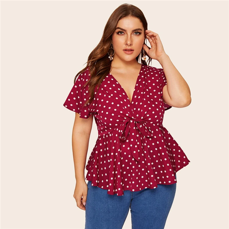 Dotfashion/женская блузка в горошек с узлом спереди; сезон лето ; Boho; глубокий v-образный вырез; одежда с короткими рукавами; женские модные топы
