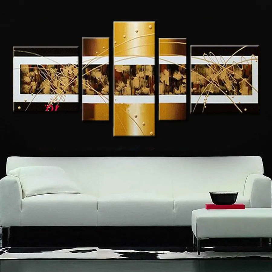 

Hand Painted 5 pcs Abstract Wall Paintings yellow Unique Modern Art Living Room Decor Canvas Oil Picture Set living room