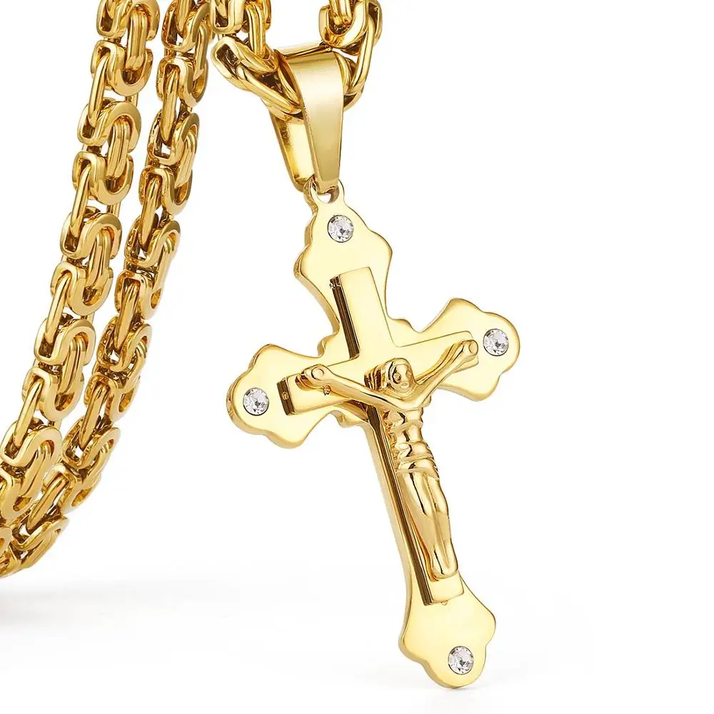 Gold Color Позолоченная цепочка из нержавеющей стали, Кристальный Крест Иисуса, ожерелье с подвеской, s звено цепи, мужское ожерелье, длинная цепочка gouden ketting MN69 - Окраска металла: Gold Color