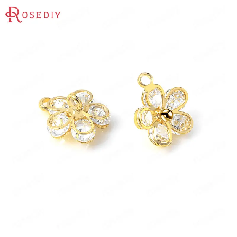 (35804)6 шт. 10x12 мм латунный и циркониевый цветок сливы цвета 24-каратного золота