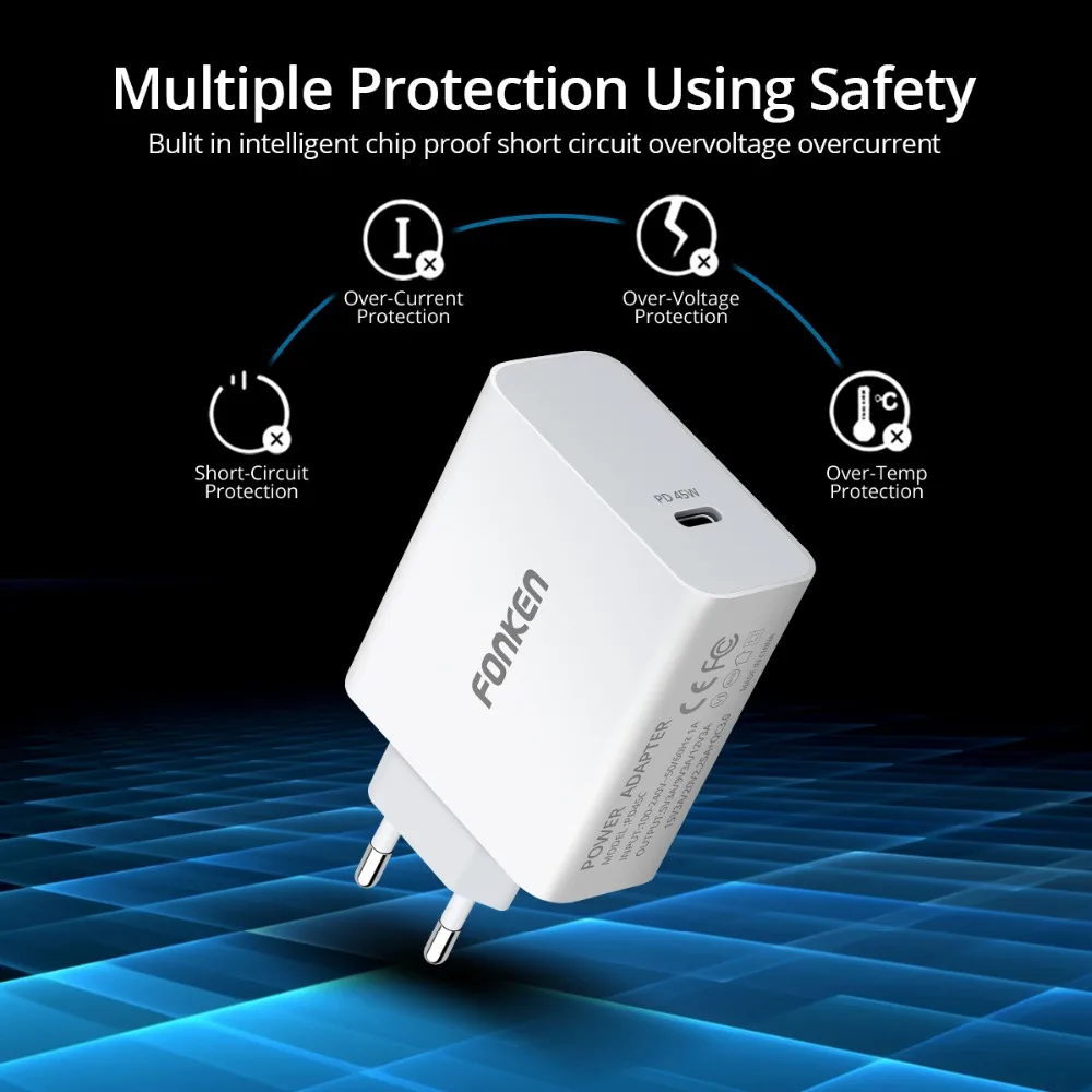 FONKEN type-C 45 Вт PD зарядное устройство с USB C кабелем Быстрая Зарядка телефона USB зарядное устройство 15 в 3 А Тип C ноутбук быстро настенный USB адаптер для путешествий