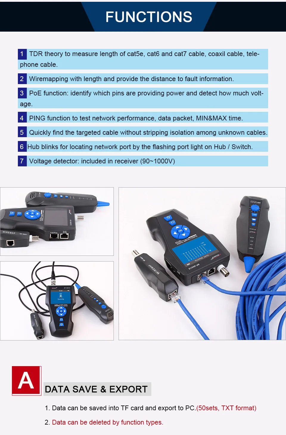 NOYAFA NF-8601S TDR тестер сетевой кабель тестер трекер RJ45 RJ11 lan длина кабеля телефонный трекер+ POE+ PING+ детектор напряжения