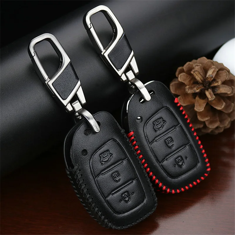 Real Leather Car Smart Key Shell Case Cover For Hyundai IX35 Hb20 I30 IX20 I10 Solaris 2017 Creta Getz Chain Holder | Автомобили и