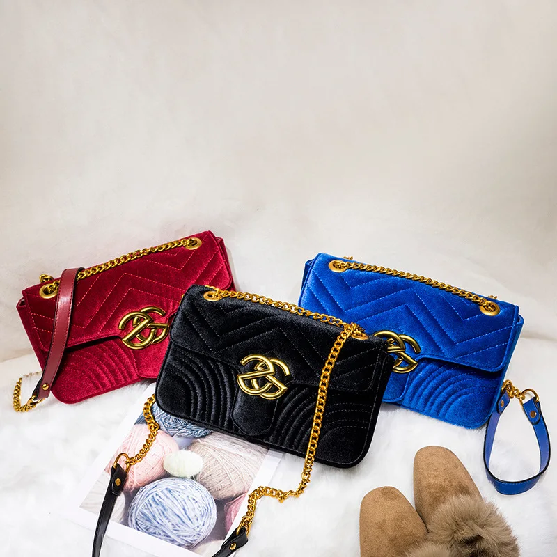 Цепи Женский мешок стеганые буквы бархатные вечерние сумки роскошные брендовые