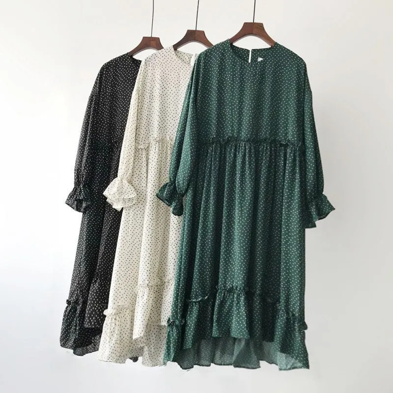 Женская Мода Vestidos повседневное негабаритных платье в горошек с длинным рукавом