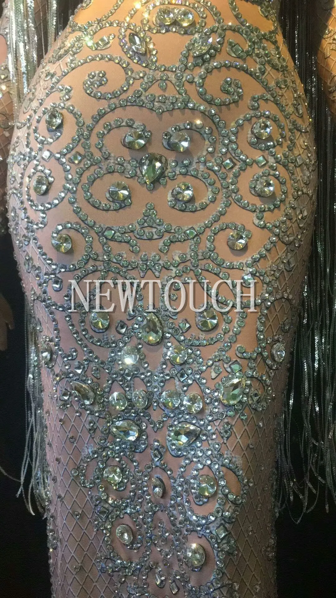 Super Sparkly Rhinestone Dancer Dress Stretch Sexy Gold Glisten Crystals Costume Evening Tassel Celebrate Dress Wear Sexy Dress