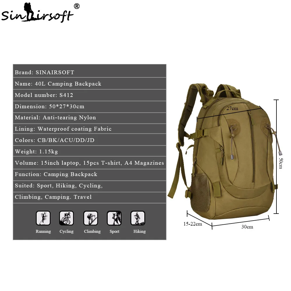Sinairsoft 40L спортивная сумка Открытый 1000D нейлон Водонепроницаемый Сумки Молл Спорт Тактический рюкзак Военное Дело Охота Отдых Туризм Сумка
