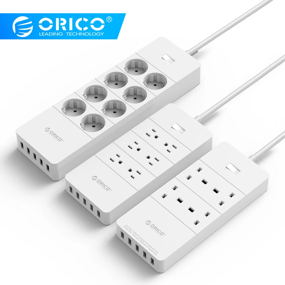 ORICO power Strip EU US UK Plug 6 Outlet сетевой фильтр EU power Strip с 5x2. 4A USB Супер зарядными портами-белый(HPC-V1