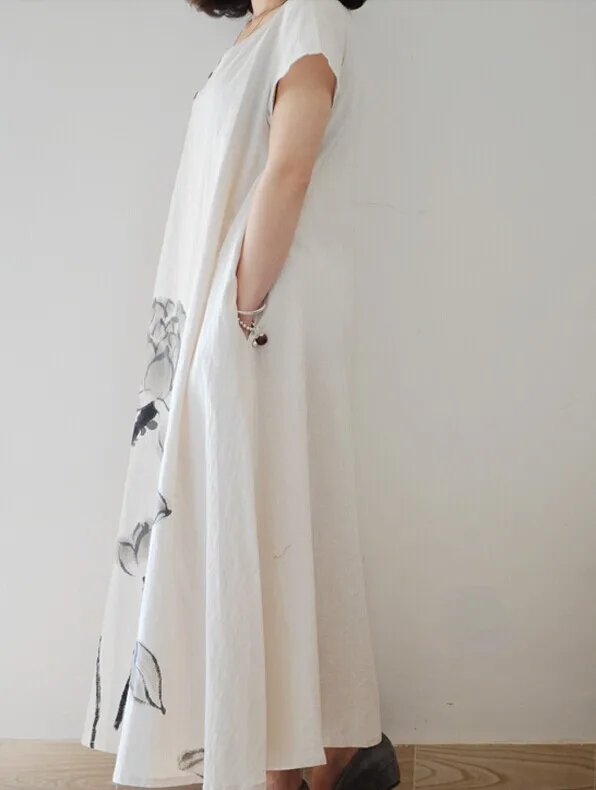 2015new arrive plus size summer china style women dress cotton linen long ink lotus printed retro art Fan loose vestidos | Женская