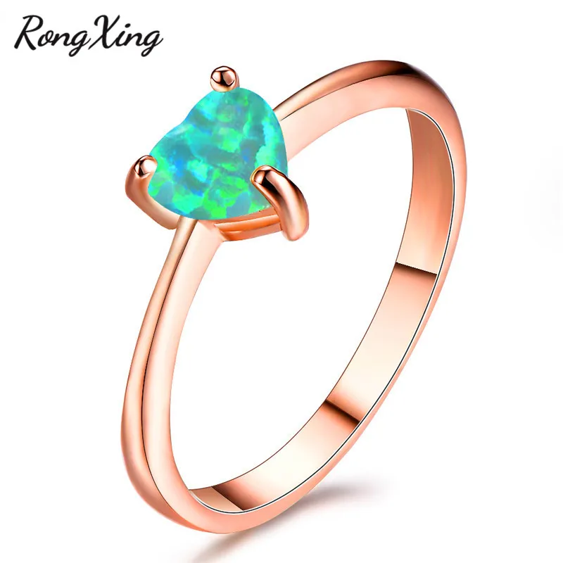 RongXing Green Fire Opal Heart Rings For Women Rose Gold Filled Rainbow Birthstone Wedding Bands Minimalist Jewelry Gifts RR0091 | Украшения