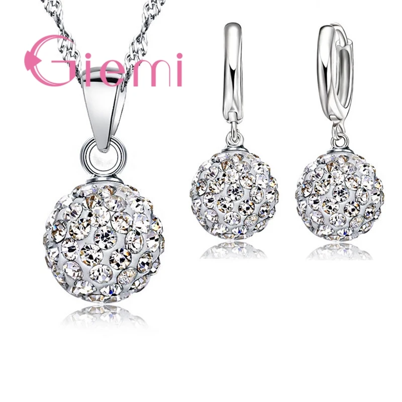 925 Sterling Silver Austrian Crystal Ball Lever Back Earring Pendant Necklace Set for Women - Big Promotion image 4