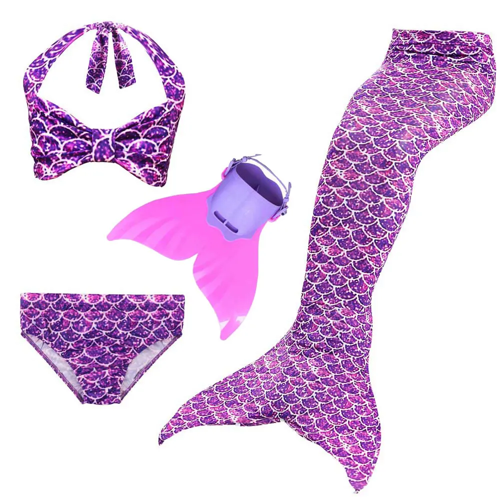 4pcs Mermaid Set 4 Купальный костюм-бикини для девочек с хвостом русалки для плавания; Детский костюм принцессы Ариэль; Блестящие купальники и ласты - Цвет: 4pcs Mermaid Set 4