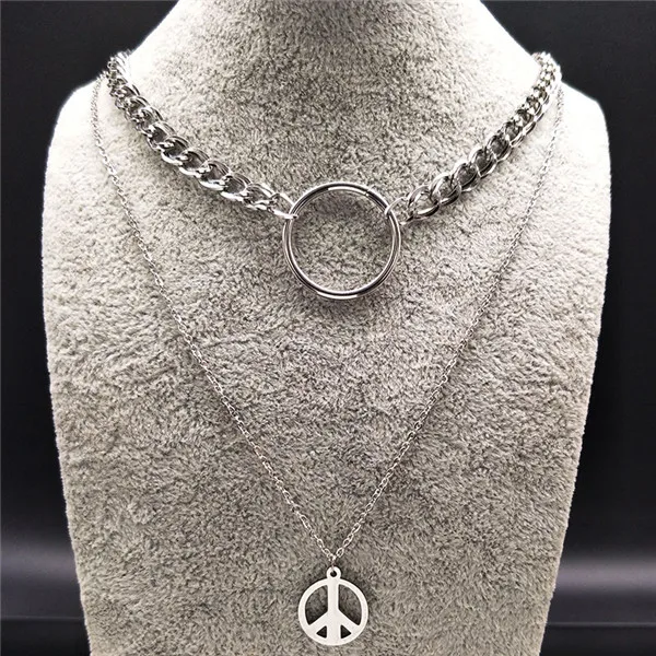 peace Модное лезвие из нержавеющей стали ожерелья для женщин ювелирные изделия двойной слой серебряного цвета ожерелья gotico N17853 - Окраска металла: peace