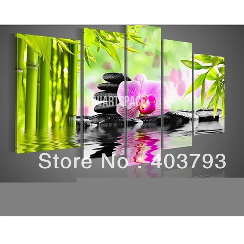 Бамбуковый цветок Огромный 5 панелей ручной работы фэн шуй картина маслом на