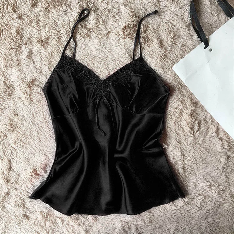 Women Sleepwear Sleeveless Strap Nightwear Lace Trim Satin Cami Top Pajama Sets Pijama Feminino Pijamas Para Mulheres Z1 | Женская