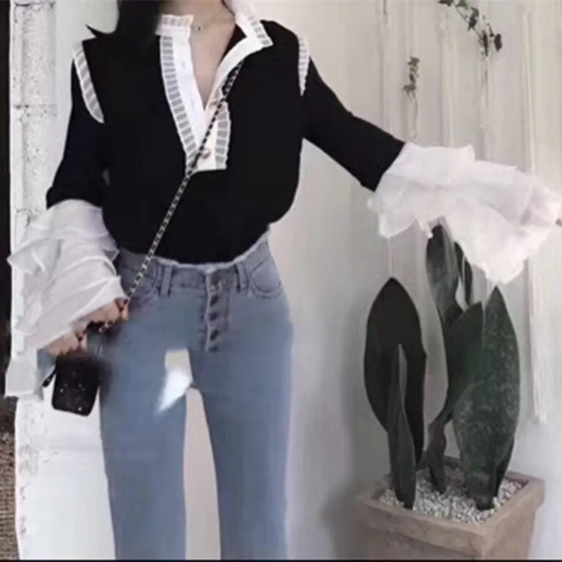 [NEW SALE] Women's Shirt Blouse Temperament Palace Elegant Fairy Hit Color Flounced Collar Trumpet Sleeve | Женская одежда