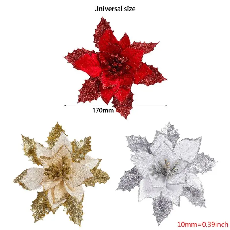 12Pieces Glitter Poinsettia Flowers Christmas Tree Poinsettia Ornaments for Christmas Valentine's Day Floral Decorations