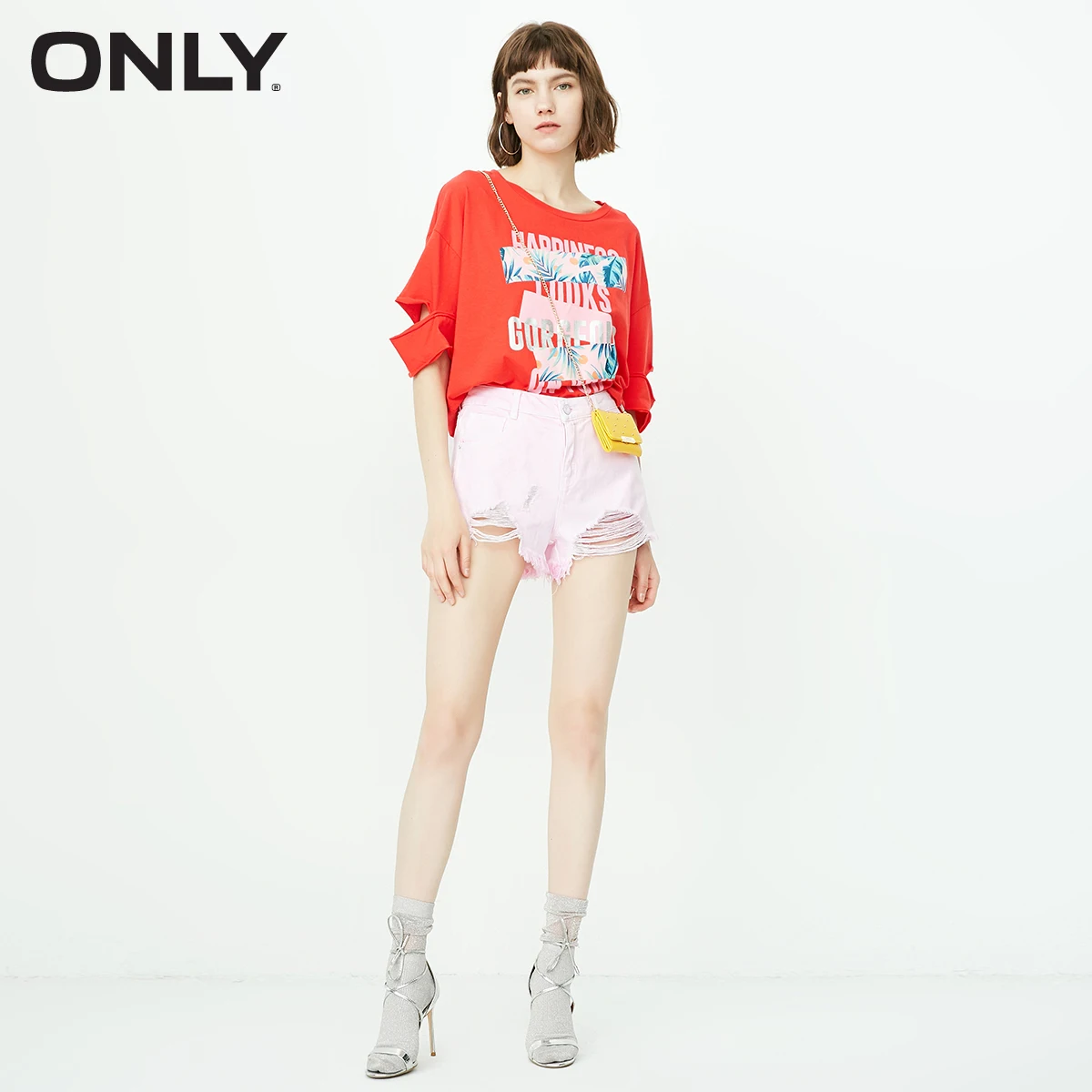 ONLY Summer Women's Candy Color Ripped Raw-edge Denim Shorts |118343523