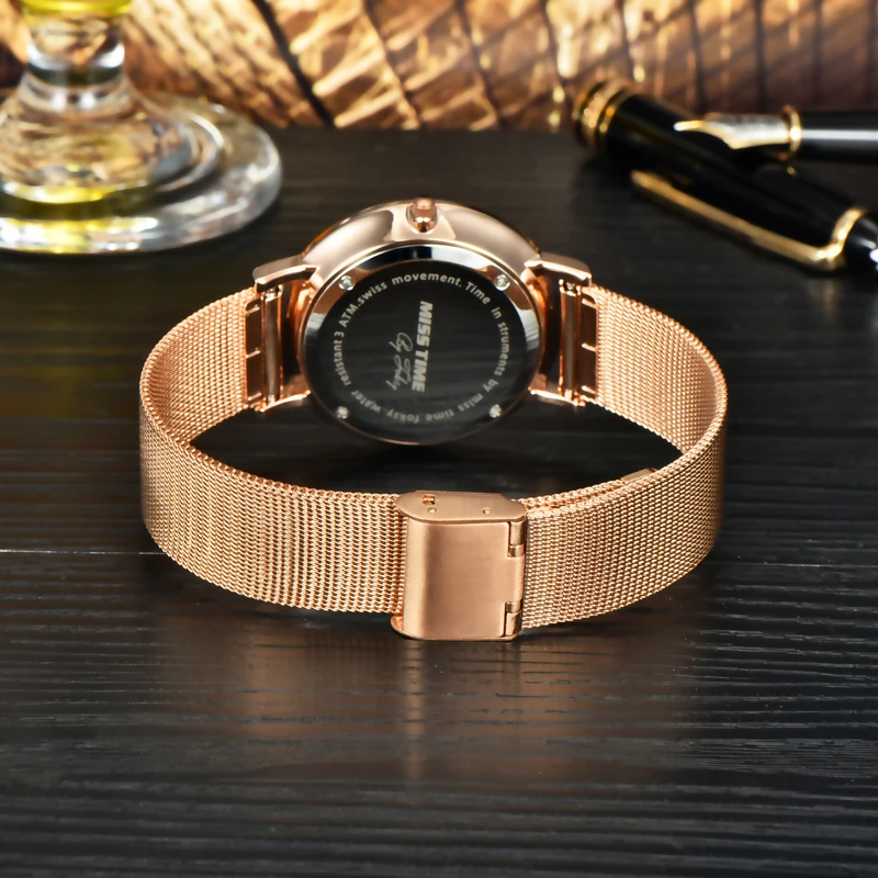 MISSTIME ультра тонкие часы швейцарские кварцевые любовника розовое золото Платье