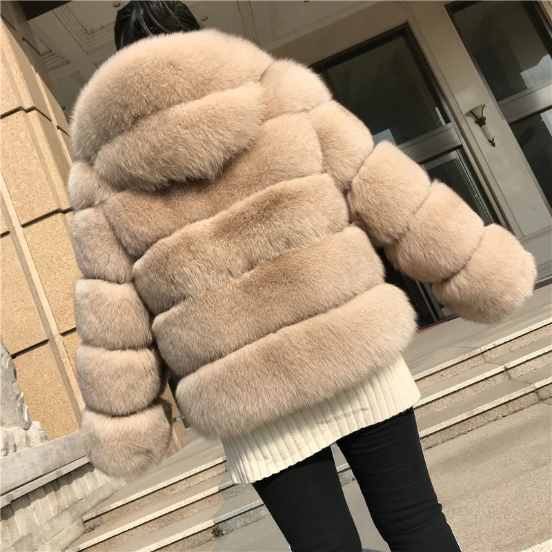 Пальто с капюшоном из натурального Лисьего меха женская зимняя куртка пальто