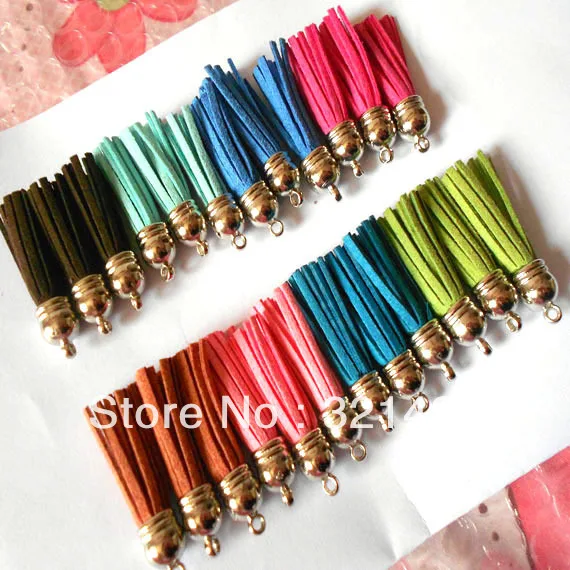 

Stok Cheapest!!! 35mm 500pcs Mix Suede Leather Cord Tassel Fiber Fringe Tassel Charms Rhodium plated cap